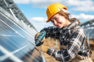 Obraz premium Trabajo técnico solar que evoca sostenibilidad activa, precisión manual y compromiso ambiental en campo abierto. Persona con casco amarillo y guantes utiliza un taladro en un panel solar bajo un cielo