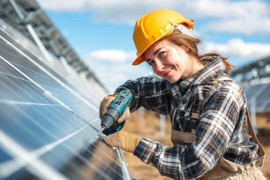 Trabajo técnico solar que evoca sostenibilidad activa, precisión manual y compromiso ambiental en campo abierto. Persona con casco amarillo y guantes utiliza un taladro en un panel solar bajo un cielo - Powered by Adobe
