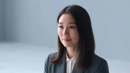 Friendly professional greeting, warm asian interviewer in teal attire, cheerful recruiter with welcoming corporate environment, approachable asian staffing expert with friendly demeanor 