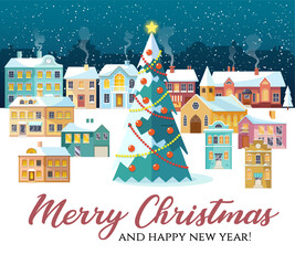 Christmas cityscape with decorated tree, colorful winter houses and snowfall, festive holiday greeting card with Merry Christmas and Happy New Year message, cozy urban night vector illustration