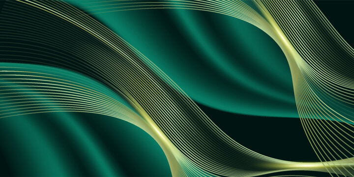 Abstact 3d luxury green curve with border golden curve lines elegant and lighting effect on green background. Vector illustration