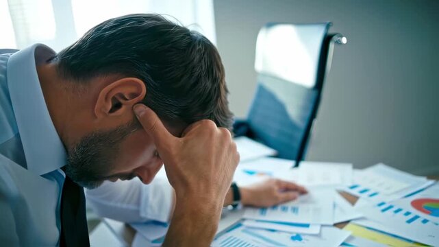 Stressed analyst working, tense environment as analyst scrutinizes documents and meets deadlines, overwhelmed analyst studies charts intensely amidst strict office lighting and mounting pressure
