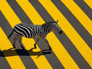 Zebra walking on graphic yellow and black stripes, abstract animal portrait, high contrast photo.