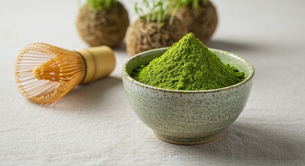 Matcha powder in a bowl with whisk and kokedama tea green japanese bamboo plant ceremony traditional zen still life food drink healthy