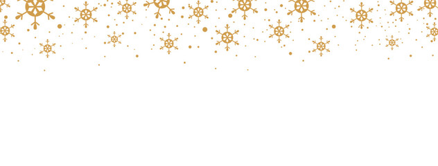 Elegant Christmas or winter banner featuring a seamless falling pattern of golden/bronze snowflakes and dots along the top edge. The design is isolated on a white background, offering significant copy