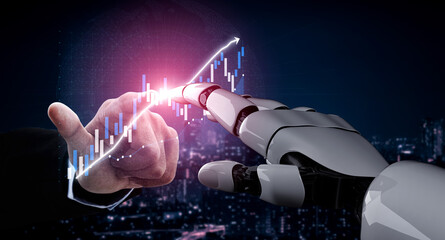 A close-up of a human hand reaching towards a robotic hand, symbolizing collaboration in technology and finance, set against a dark urban skyline with a graph indicating growth. Impute