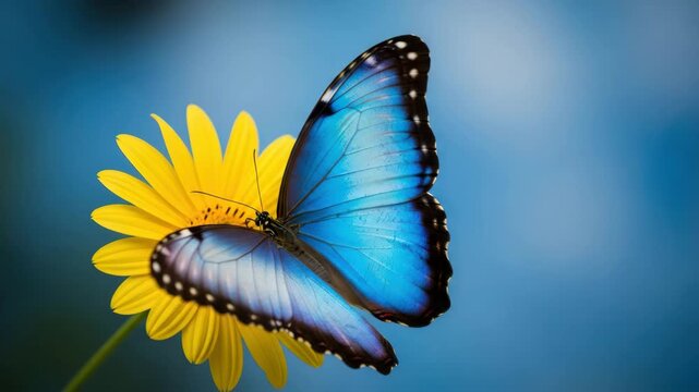 Vibrant blue butterfly with wings open resting on yellow flower