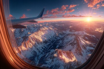 Airplane window view during winter travel. Generative AI