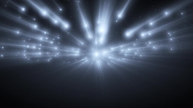 Abstract background with bright rays of light, twinkling stars and glowing dust particles emitting beautiful heavenly light. Seamless loop.