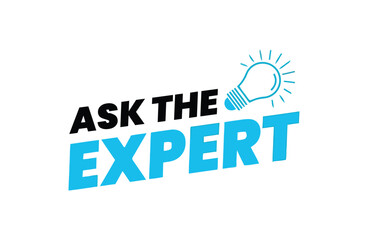 The phrase 'Ask the Expert' is displayed in bold black and bright blue lettering, with a glowing lightbulb icon above the word 'Expert' symbolizing ideas and knowledge.