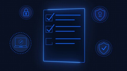 A digital checklist displayed on a glass-like panel, surrounded by security icons symbolizing data protection, privacy, and online safety. 4k animated isolated on blackground.