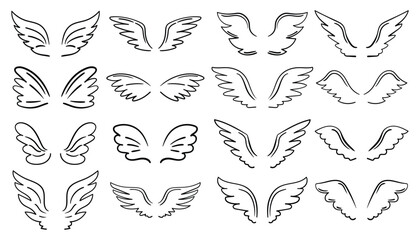 Hand-drawn angel wings set with black contour lines, created in a minimal sketch style. Ideal for collage, tattoo draft, holidays, card, poster, spiritual symbol or simple graphic design.