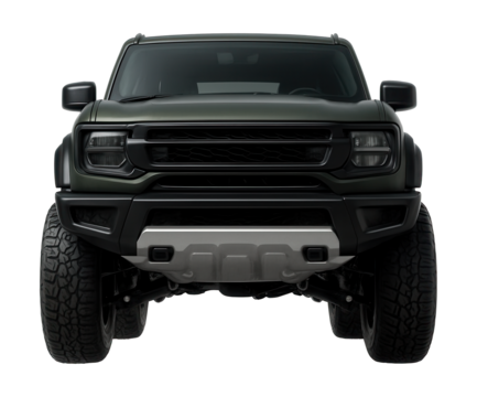 Elevated off-road vehicle featuring enhanced suspension and protective skid plates.