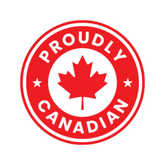 A proud Canadian emblem featuring a red maple leaf within a circular border with the words 'PROUDLY CANADIAN' inscribed.