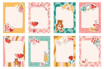 Set of groovy retro note sheets and cards with checkered and striped patterns. Includes frames and happy Valentines Day elements like teddy bear, hearts, gifts, roses, and singing birds.