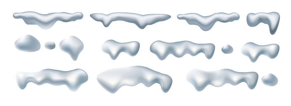 Snow caps set, icicles, snowballs and snowdrifts isolated on white. Snowy piles and snow caps. Vector realistic icons set, mountains or hills summits and peaks. Snowfall and blizzard, snowdrift 