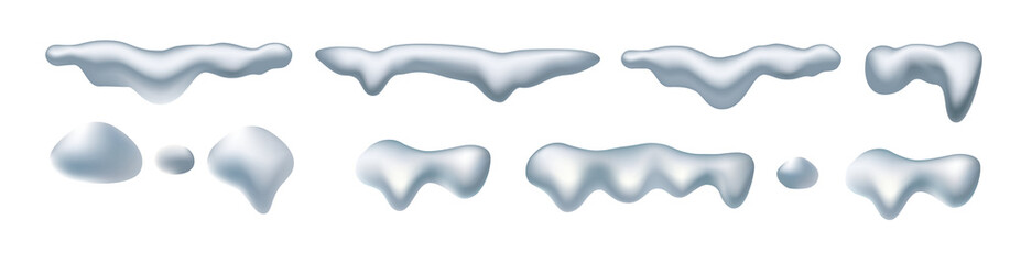 Snow caps set, icicles, snowballs and snowdrifts isolated on white. Snowy piles and snow caps. Vector realistic icons set, mountains or hills summits and peaks. Snowfall and blizzard, snowdrift 