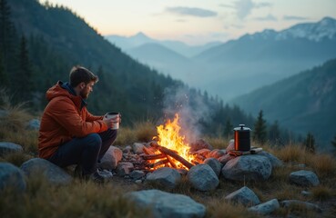 Man sits by campfire drinking hot coffee. Rugged mountains and pine forest provide scenic backdrop at dusk. Outdoor adventure, wilderness escape with brewing equipment.