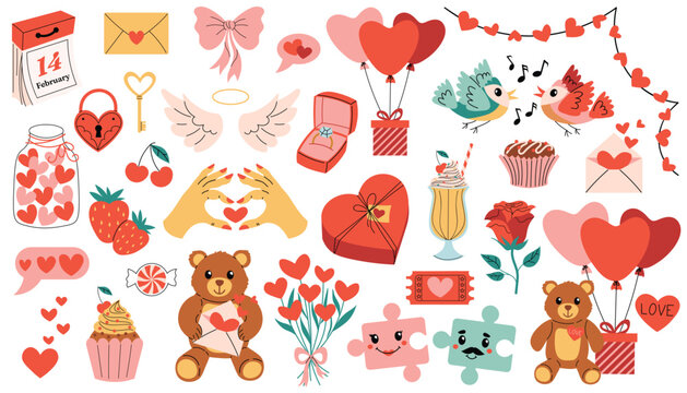 Set of cute cartoon elements for happy Valentines Day with hearts, angel wings, gifts, teddy bears, roses, birds, candies, cupcake, milk cocktail and balloons. Bright flat style perfect for cards. - Powered by Adobe