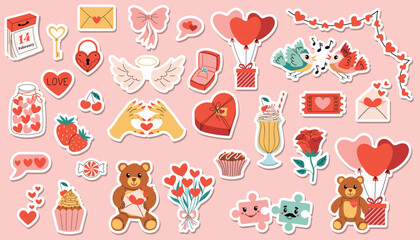 Set of cartoon stickers for happy Valentines Day with hearts, angel wings, gifts, teddy bears, roses, birds, candies, cupcake, milk cocktail and balloos. Bright flat style perfect for cards.