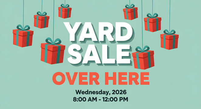 Yard Sale Over Here Announcement Gifts Hanging Teal Background Wednesday 2026 Event Promotion Banner Poster Template Vector Graphic