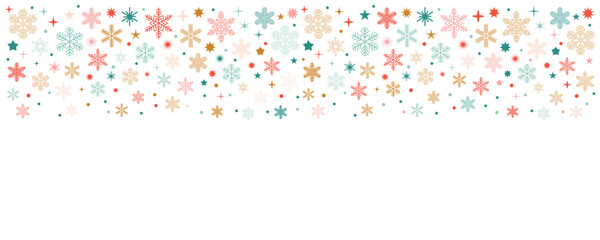 Merry Christmas horizontal border with snowflakes, stars and dots in red, gold and green. Flat cartoon style on white background, perfect for cards, banners and holiday designs with empty space.