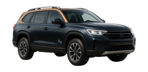 Two-tone hydrogen SUV with high ground clearance and sturdy roof rails.