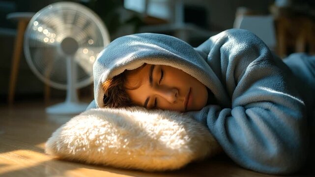 Soft hoodie pile used as pillow, person napping on floor next to fan, afternoon light stripe, candid realism, with copy space