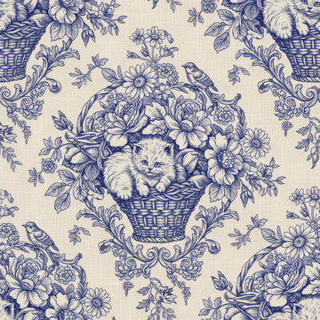 Seamless blue toile pattern with vintage engravings of a kitten sleeping in a floral basket, birds, and ornamental foliage. Antique French country textile texture.