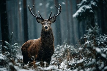 Red deer stag standing in a snowy winter forest, powerful wild animal with big antlers looking into the camera.