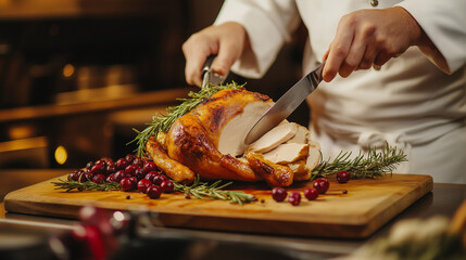 Chef Carving Roasted Turkey for Thanksgiving or Christmas Dinner