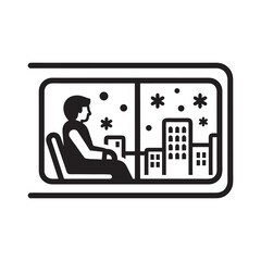 Man sitting by window watching winter city snowfall black and white vector illustration