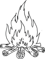 hand drawn campfire bonfire sketch, wood logs, flame line art vector