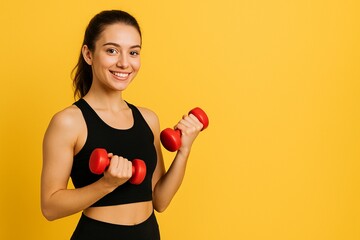 Fit and happy woman holding dumbbells, ready for workout, smiling, yellow background. Young female athlete posing confidently, fitness and health concept. Banner with copy space, for sports and gyms