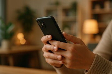 Hands holding smartphone, blurred background with warm lighting, creating cozy atmosphere. Young woman uses mobile phone to communicate and watch news. Modern technologies for work and personal life