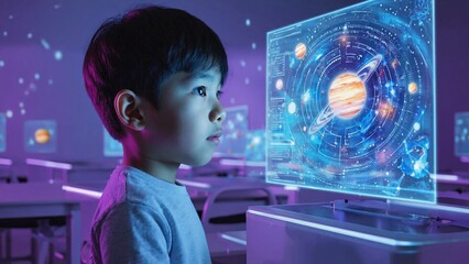 Curious child exploring cosmos technology. Boy  engrossed in futuristic interactive projection display. Solar system with planets and stars, purple backdrop. Kid in modern planetarium space museum 
