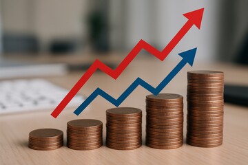 Stack of coins with a red and blue upward arrow, symbolizing financial growth and investment success. Economic progress and prosperity. Wealth accumulation