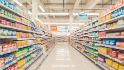 Aisle in grocery store with shelves stocked with various products, abundance for shoppers. Interior of supermarket, showcasing neatly arranged foods. Wide selection of items for choose