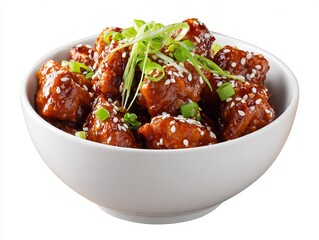 Bowl of General Tso Chicken with Sesame Seeds and Scallions