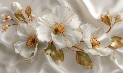 White flowers with gold accents on flowing silk gold trim