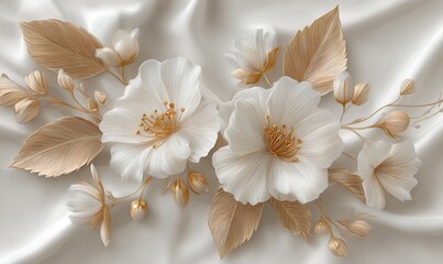 White flowers with golden leaves on beige silk background