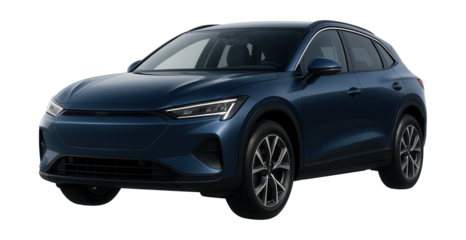 Electric crossover featuring a sleek front design and streamlined side mirrors.