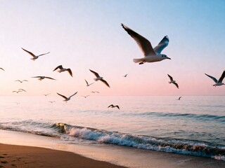 Naklejka premium peaceful evening at seaside with birds gliding over water and colorful twilight sky