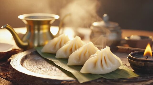 paneer steam momo nepalese traditional dish with warm tones background video