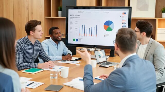 Diverse business professionals analyzing financial charts and graphs during a corporate meeting in a modern office, collaborating on performance and strategy for company growth. - Powered by Adobe