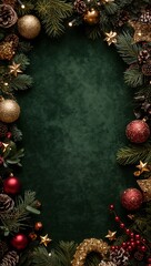 Marco minimalista en verde con estrellas, lazos y elementos naturales dorados con bolas navide&ntilde;as &mdash; dise&ntilde;o premium para tarjetas navide&ntilde;as