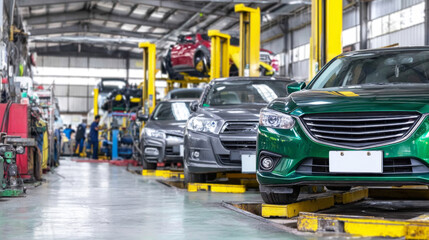 Auto service garage showing multiple cars waiting for maintenance on lifts and technicians performing vehicle repairs
