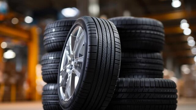 A tire is on top of a stack of tires. The tires are stacked in a warehouse. Concept of organization and orderliness