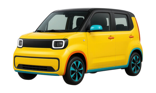 Compact four-door microcar featuring a unique boxy design and vibrant color accents.