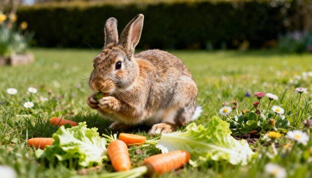 close-up of fluffy rabbit nibbling food surrounded by wildflowers and greenery
